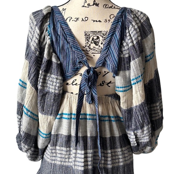 Boho Free People‎ Mini Dress Striped Blue White Size S Urban Ethereal bohemian - Picture 8 of 8